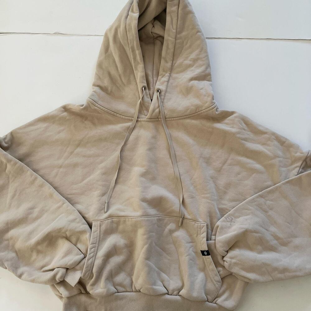 POPFLEX Cloud Fleece Hoodie Women S/M Tan Oversized Cropped Logo Kangaroo Pocket